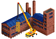 A pixelated factory and a large crane. 